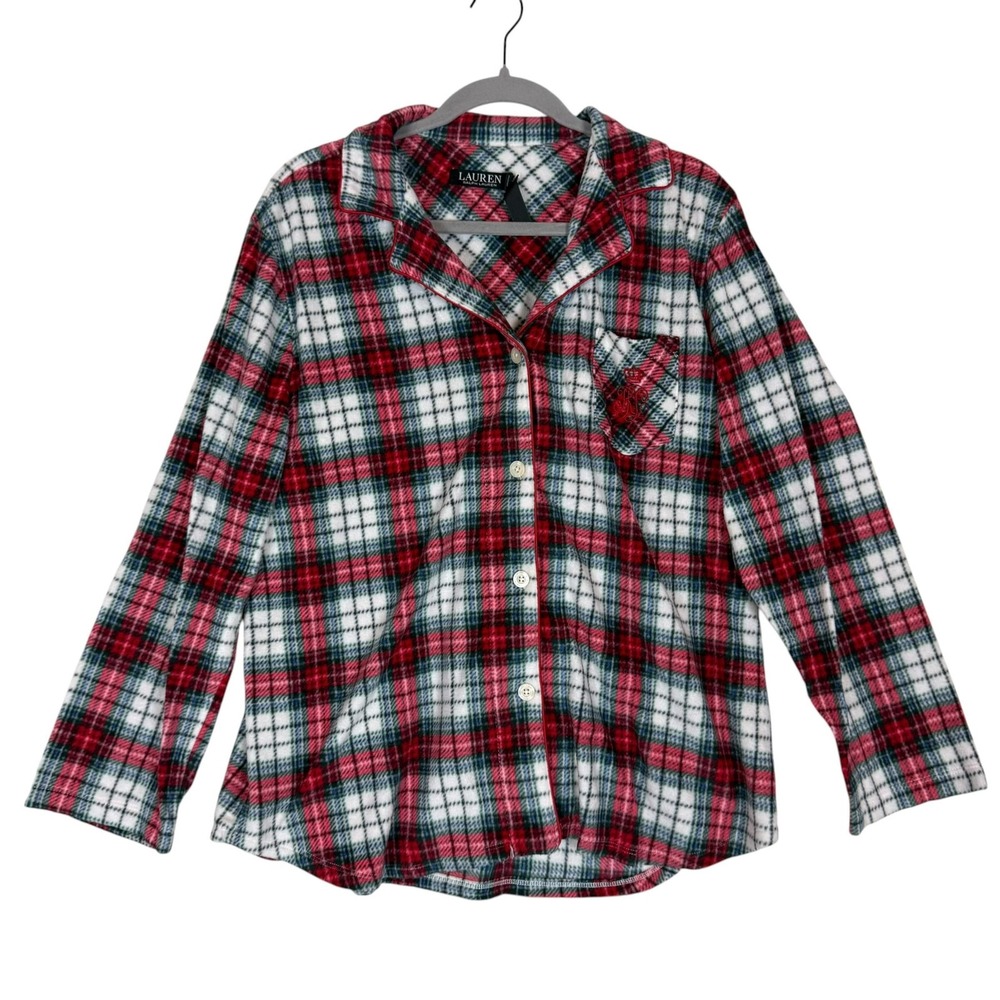 Lauren Ralph Lauren Pajama Top Womens XL Red Green Plaid Fleece Button Front
